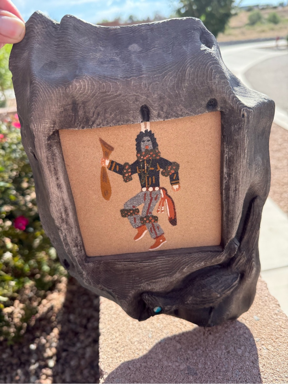 Vintage Navajo Sand Painting Kachina Dancer Carved Wood Frame Turquoise Eye